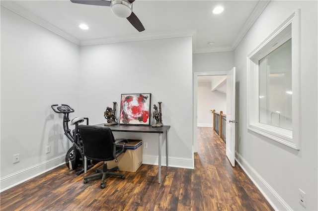 office space featuring crown molding, ceiling fan, and dark hardwood / wood-style floors