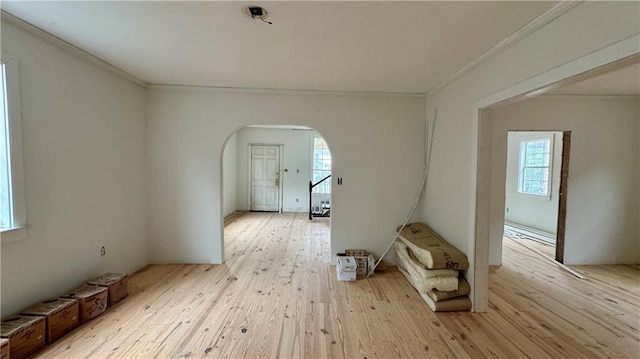 empty room with light hardwood / wood-style floors and crown molding