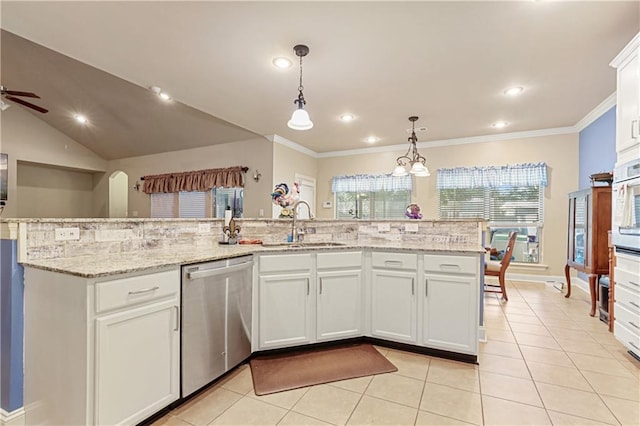 kitchen featuring dishwasher, light tile patterned flooring, ceiling fan with notable chandelier, white cabinetry, and decorative light fixtures