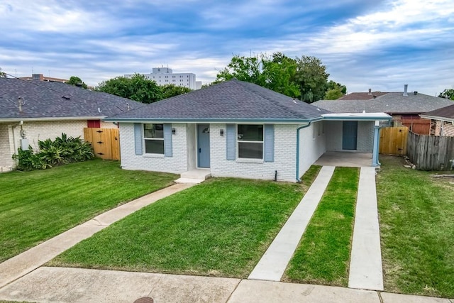 ranch-style home featuring a front lawn