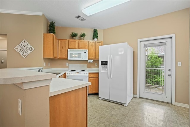 kitchen with kitchen peninsula, sink, and white appliances