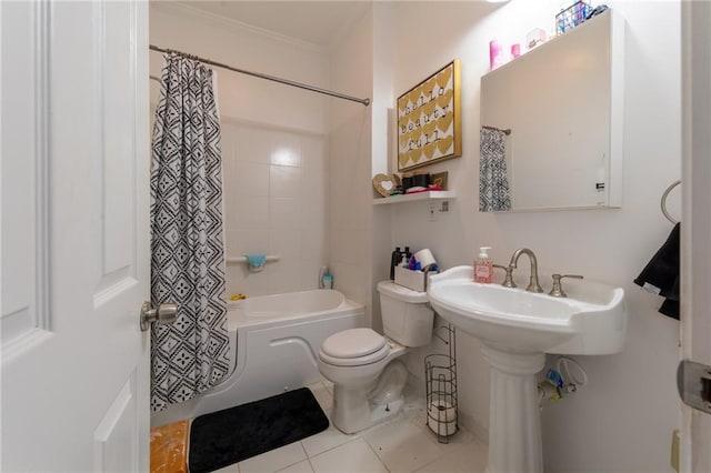 bathroom with crown molding, toilet, tile patterned floors, and shower / bathtub combination with curtain