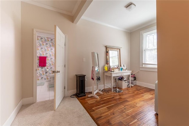 office space featuring hardwood / wood-style flooring and ornamental molding