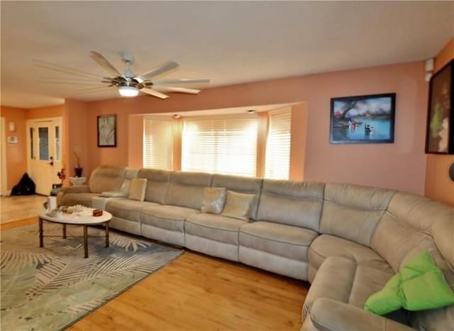 living room with light hardwood / wood-style floors and ceiling fan