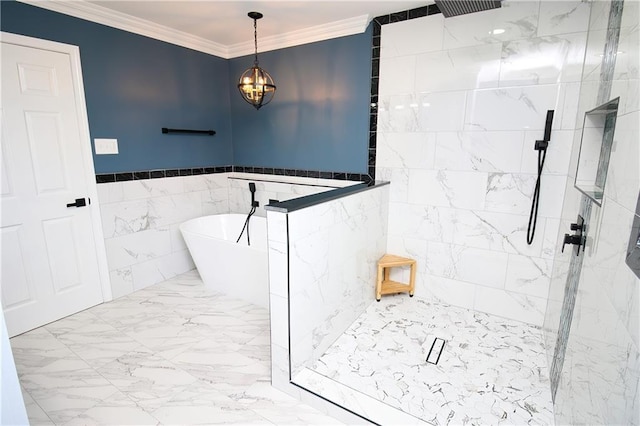 bathroom featuring ornamental molding, tile walls, an inviting chandelier, and plus walk in shower