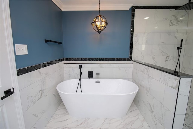 bathroom featuring ornamental molding, separate shower and tub, and tile walls