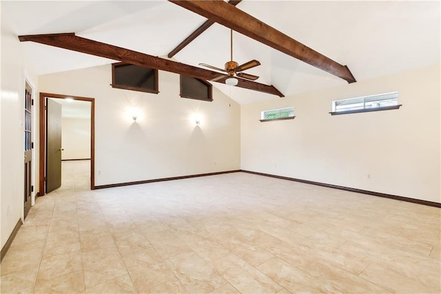 unfurnished room featuring ceiling fan, beamed ceiling, and high vaulted ceiling