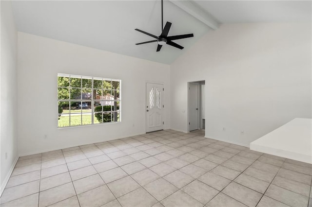 interior space featuring ceiling fan, beamed ceiling, light tile patterned floors, and high vaulted ceiling