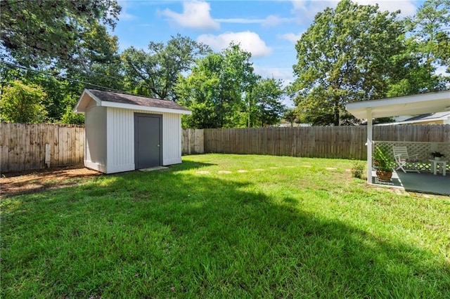 view of yard with a storage shed