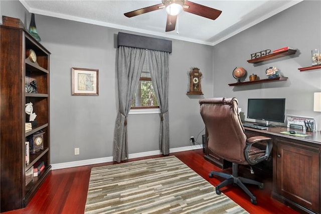 home office featuring ceiling fan, dark hardwood / wood-style flooring, and ornamental molding