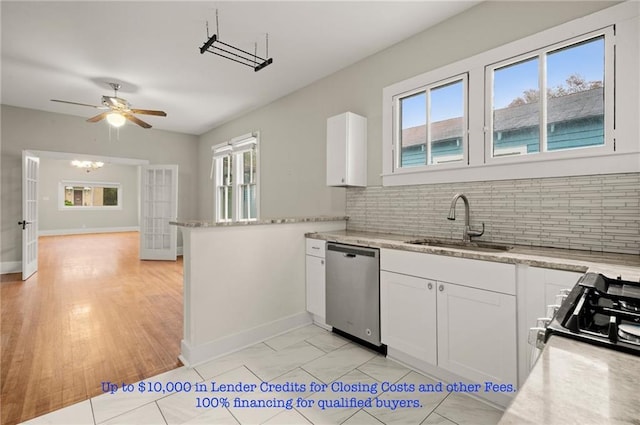 kitchen featuring dishwasher, sink, white cabinets, backsplash, and kitchen peninsula