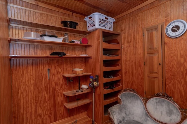 interior space with wooden walls and wood ceiling