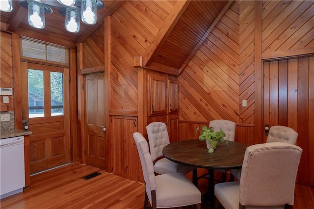 dining space with light wood-type flooring, visible vents, wood walls, wooden ceiling, and vaulted ceiling