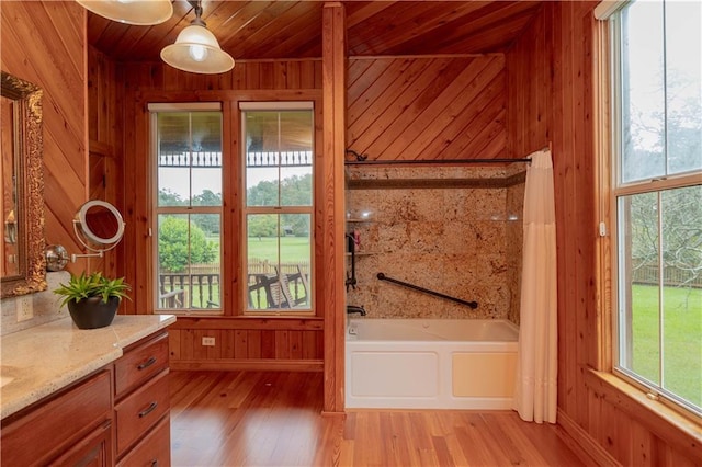 entryway featuring a healthy amount of sunlight, wood walls, and light wood finished floors