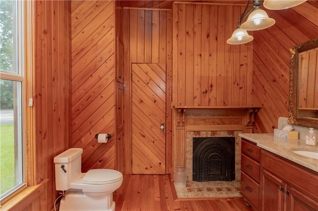 bathroom featuring wooden walls, toilet, a fireplace, wood finished floors, and vanity