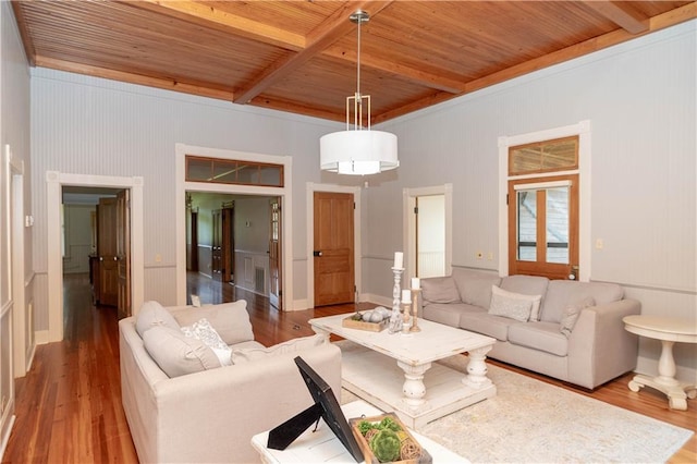 living room featuring wood ceiling, beamed ceiling, and wood finished floors