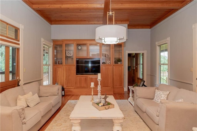 living room with light wood-type flooring and wooden ceiling