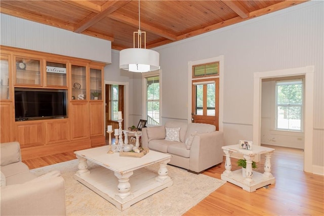 living area with beamed ceiling, light wood-style floors, and wood ceiling