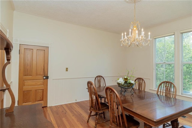 dining room with light wood finished floors, plenty of natural light, a textured ceiling, and a notable chandelier