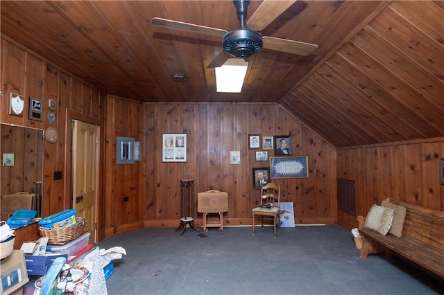 unfurnished room with wood ceiling, ceiling fan, and vaulted ceiling