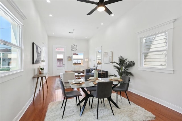 dining room featuring ceiling fan and hardwood / wood-style floors