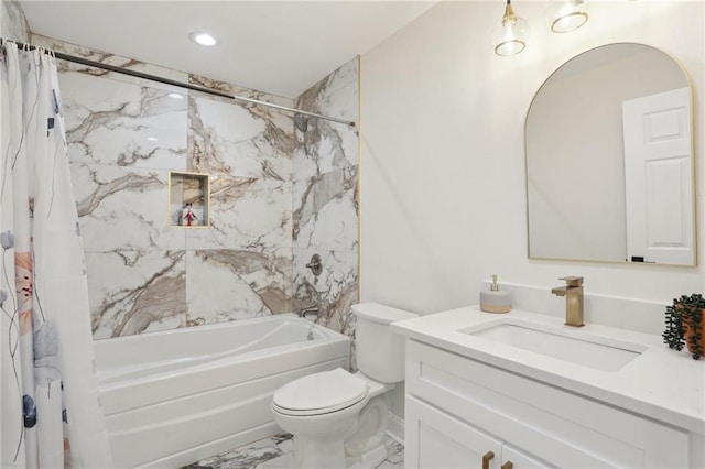 full bathroom featuring vanity, toilet, and shower / bathtub combination with curtain