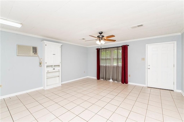 empty room featuring ceiling fan, light tile patterned floors, crown molding, and an AC wall unit