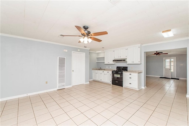 kitchen with crown molding, white cabinetry, ceiling fan, and gas stove