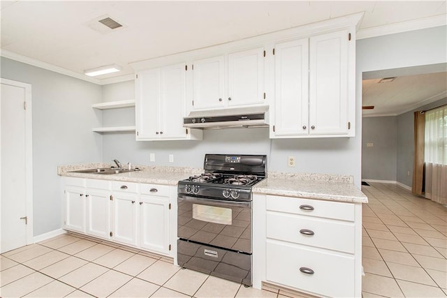 kitchen featuring white cabinets, ornamental molding, black range with gas stovetop, and sink