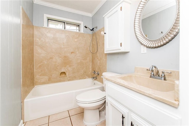 full bathroom featuring crown molding, vanity, toilet, and  shower combination