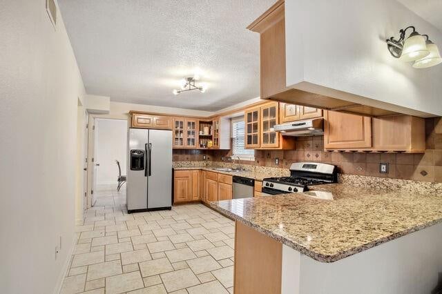 kitchen with appliances with stainless steel finishes, decorative backsplash, kitchen peninsula, and light stone counters