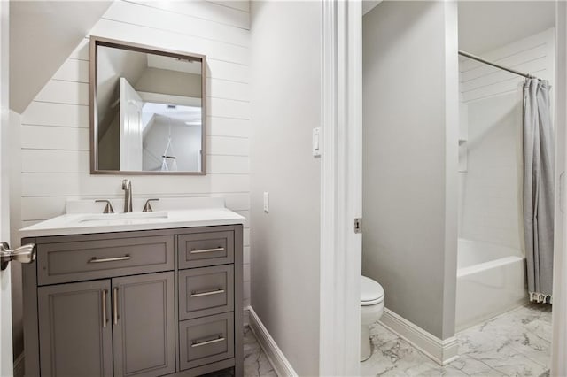 full bathroom with vanity, toilet, and shower / bath combo with shower curtain