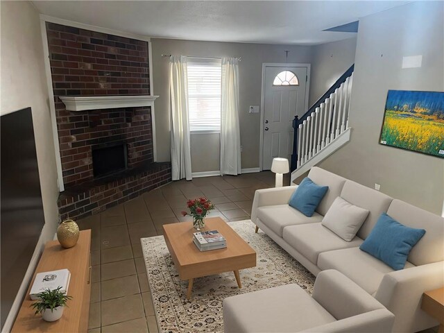 tiled living room with a fireplace