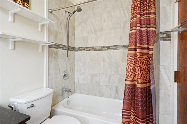 bathroom featuring toilet and shower / bath combination with curtain