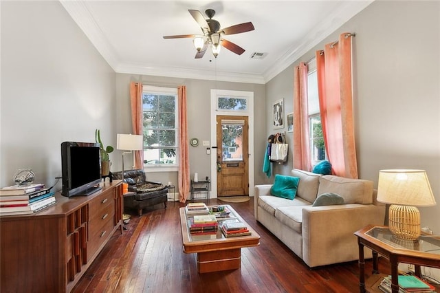 living room featuring ornamental molding, dark hardwood / wood-style flooring, and ceiling fan