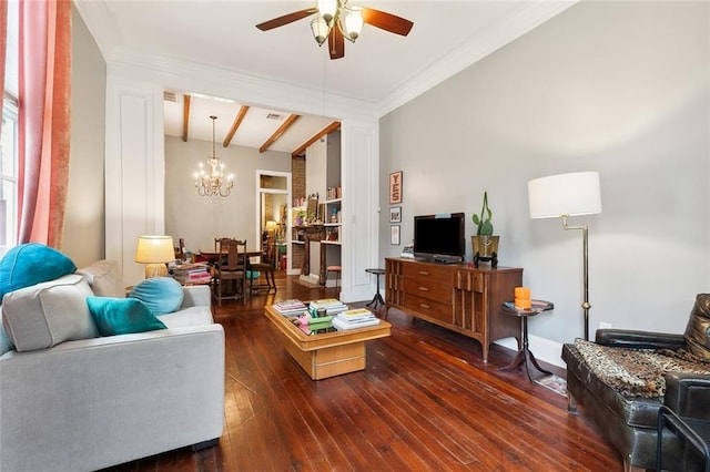 living room featuring beamed ceiling, ceiling fan with notable chandelier, crown molding, and dark wood-type flooring