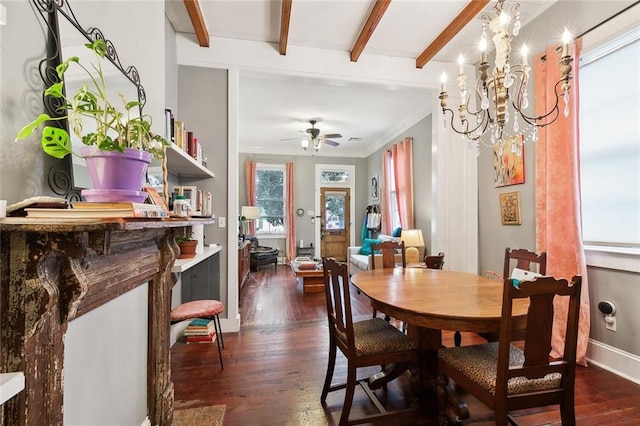 dining space featuring beamed ceiling, ceiling fan with notable chandelier, and dark hardwood / wood-style flooring