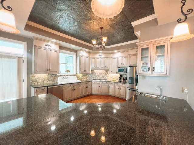 kitchen with ornamental molding, appliances with stainless steel finishes, a tray ceiling, decorative light fixtures, and light hardwood / wood-style floors