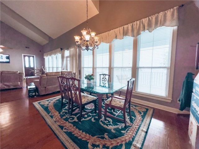 dining area with an inviting chandelier, dark hardwood / wood-style floors, and vaulted ceiling