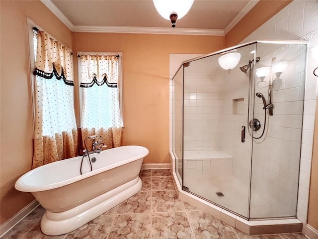 bathroom with shower with separate bathtub and ornamental molding