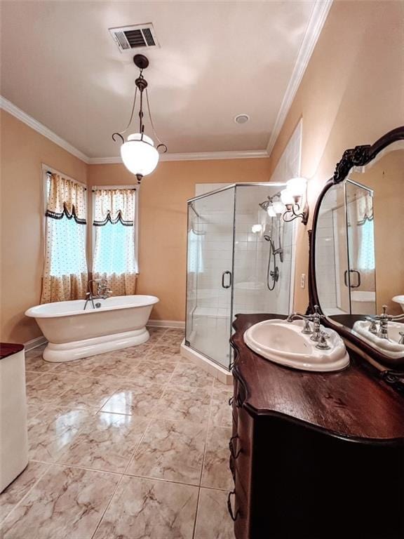 bathroom with vanity, ornamental molding, and plus walk in shower