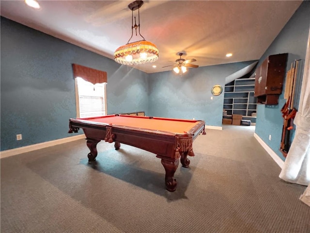 recreation room with ceiling fan, carpet floors, and pool table