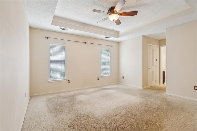 spare room featuring a tray ceiling, ceiling fan, and a wealth of natural light