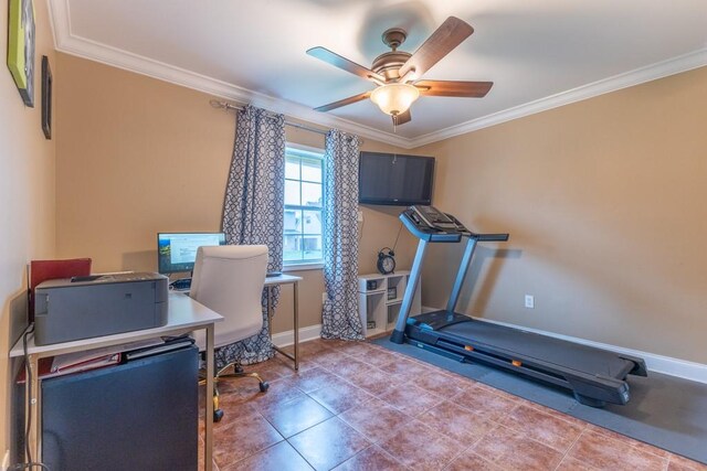 workout area featuring ornamental molding, tile patterned floors, and ceiling fan