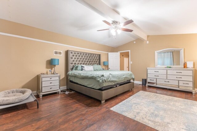 bedroom with dark wood-type flooring, ceiling fan, and lofted ceiling with beams