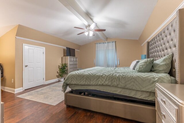 bedroom with dark wood-type flooring, ceiling fan, and vaulted ceiling with beams