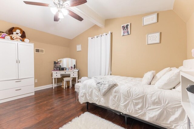 bedroom with dark wood-type flooring, ceiling fan, and lofted ceiling with beams