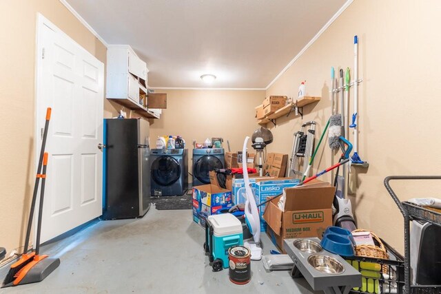 interior space with stainless steel refrigerator and washer and dryer