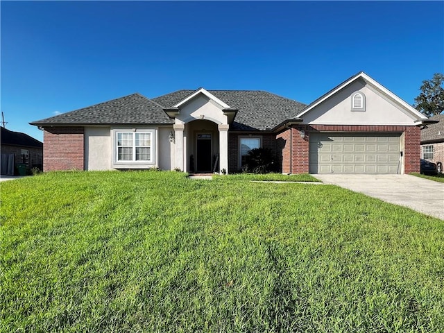 single story home with a front lawn and a garage