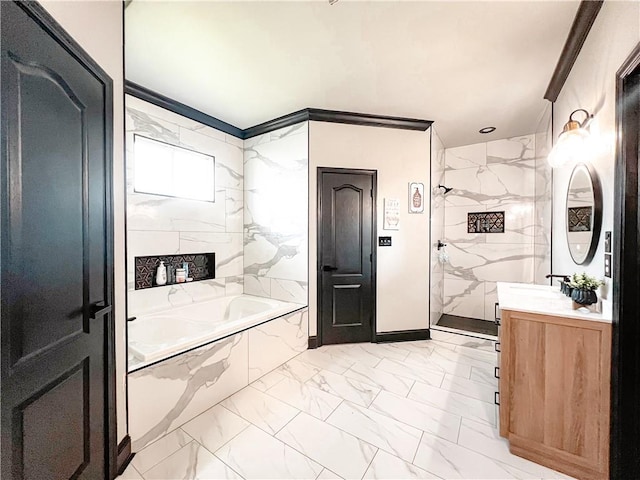 bathroom featuring vanity, crown molding, shower with separate bathtub, and tile walls